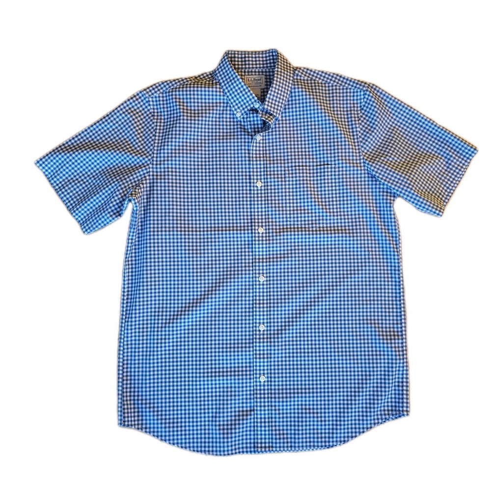 Men's LL Bean M Medium Blue Checks Dress Button Down Shirt SS Oxford Pocket EUC